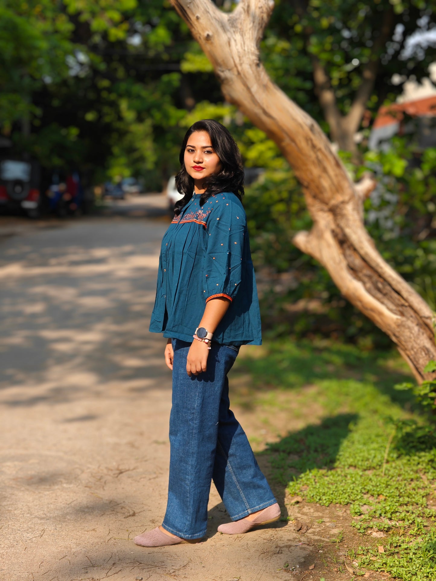 Teal Cotton Flex Embroidered Regular Fit Top for Women – Sizes S to 3XL