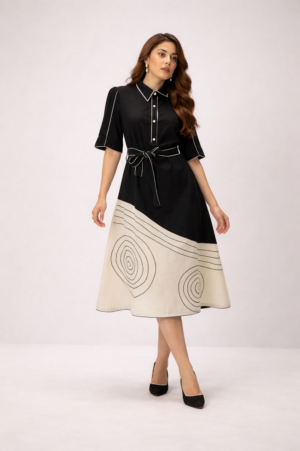 Cotton Flex Shirt Midi Dress for Women with Crochet Flower Applique and Thread Detailing, Black Beige Colorblock