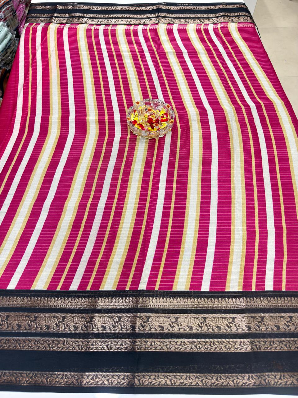 Munga Crape Silk Saree for Women with Contrast Woven Border and Traditional Stripe Design