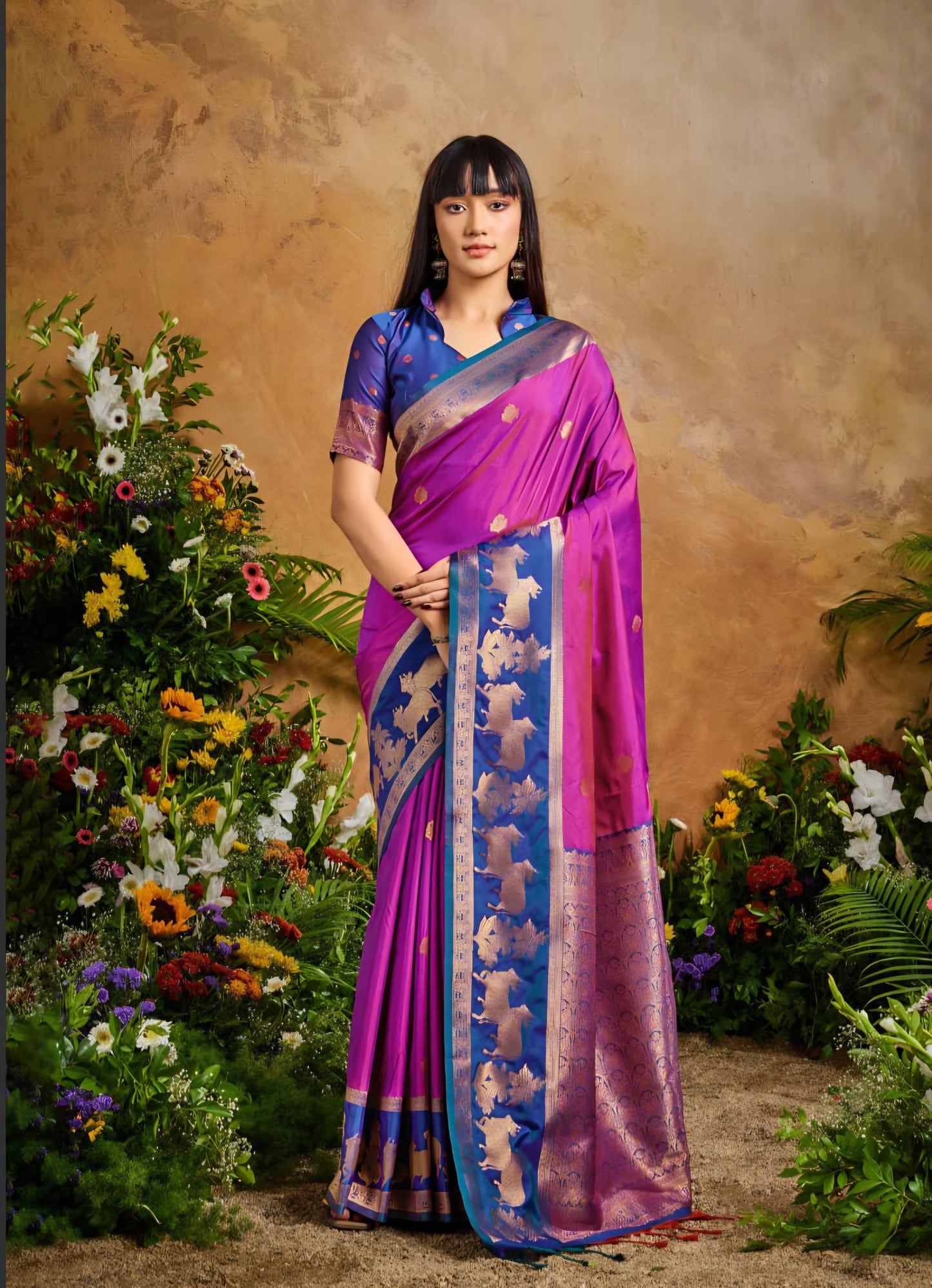 Handloom styled Silk Pichwai Saree with Woven Border and Contrast Blouse