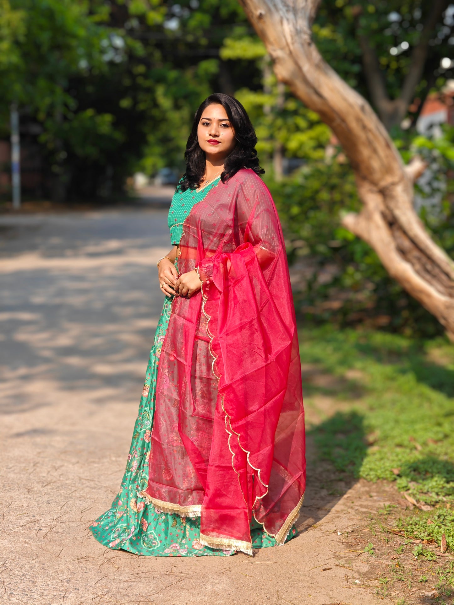 Green Crepe Silk Floral Printed Lehenga Choli with Dupatta for Women – Sizes S to 2XL