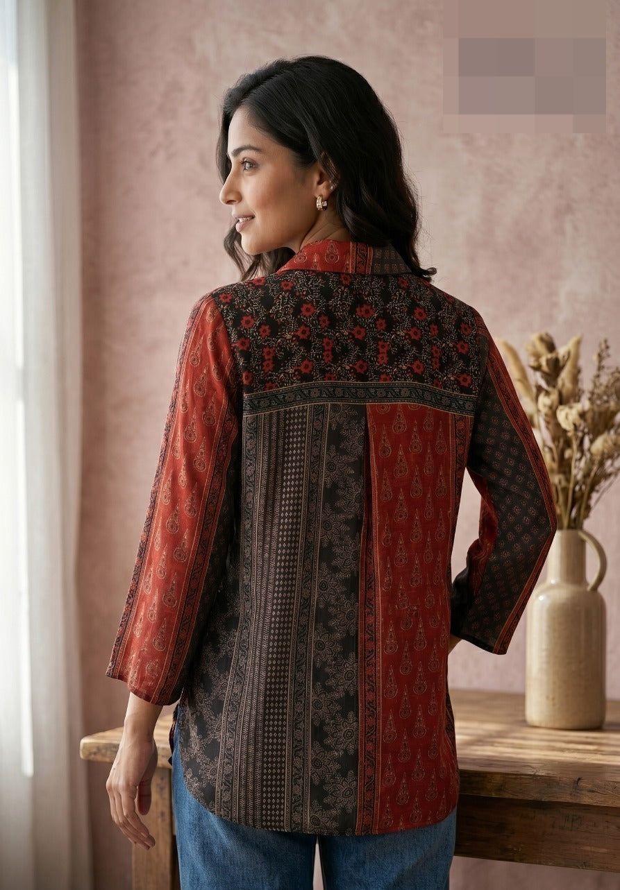 Printed Crepe Shirt for Women with Ethnic Pattern, Shirt Collar and Full Sleeves