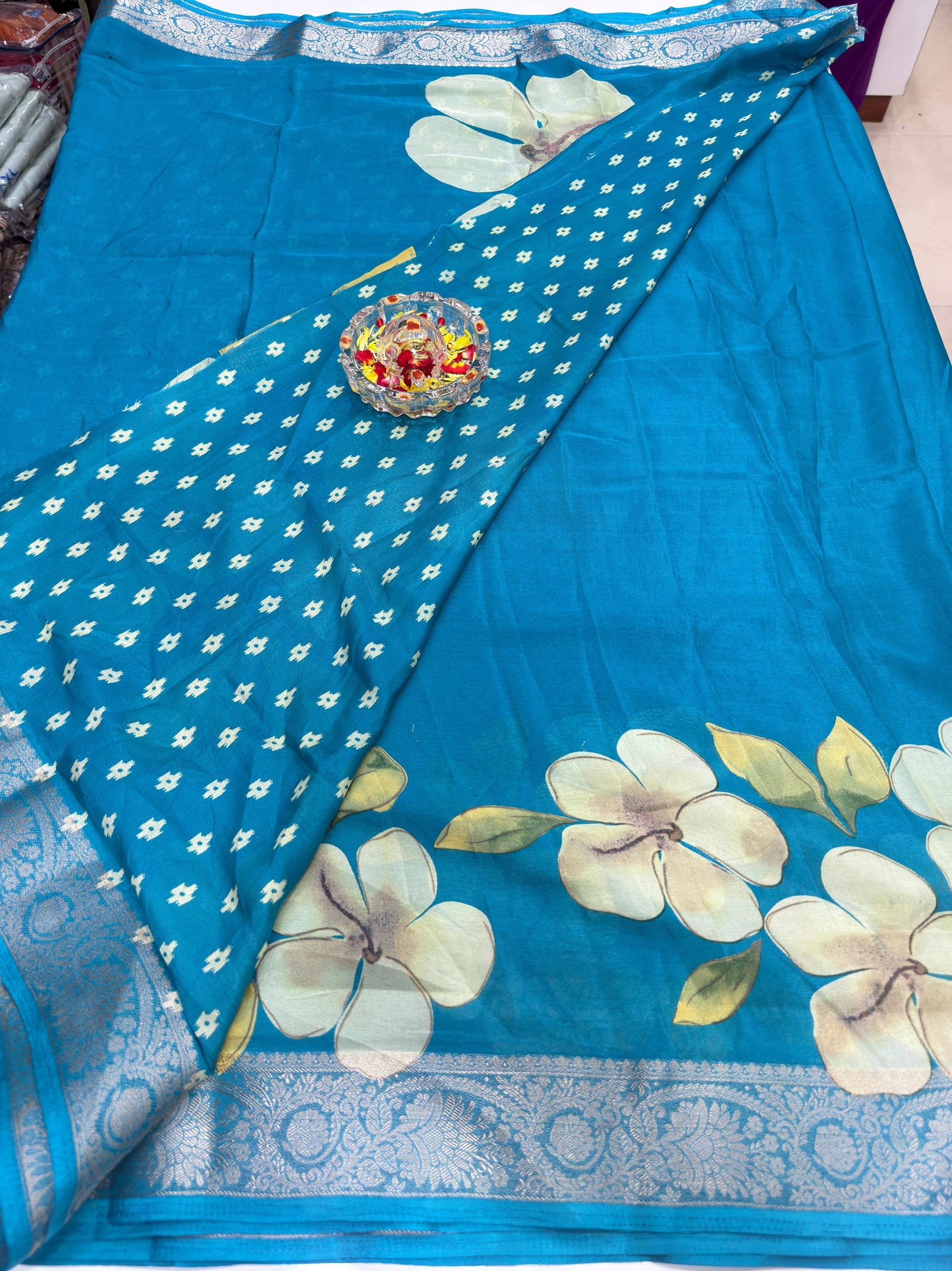 Floral Printed Semi Silk Saree for Women with Woven Border and Elegant Ethnic Design