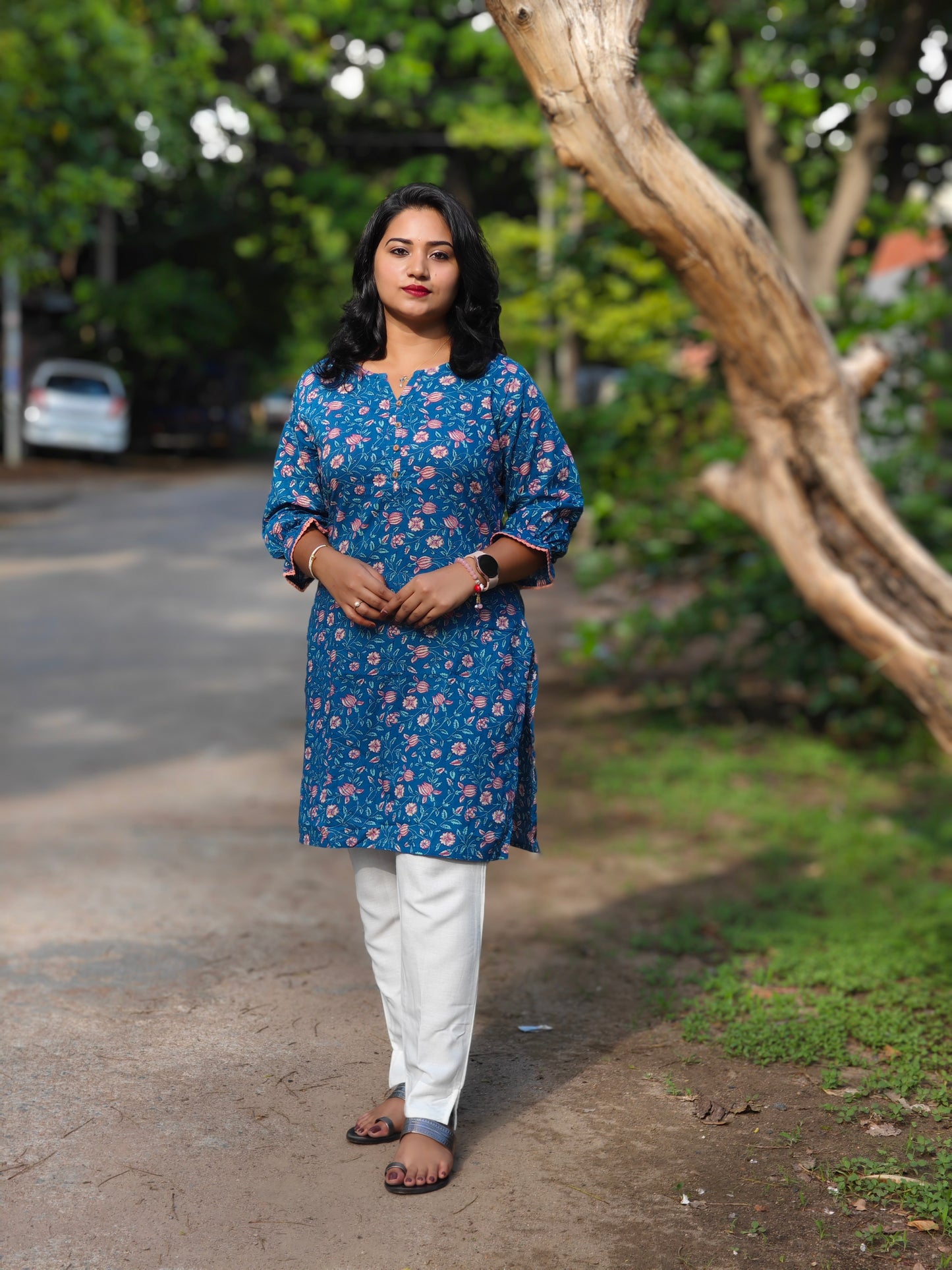 Blue Cotton Floral Print Regular Tunic for Women – Sizes M to 2XL