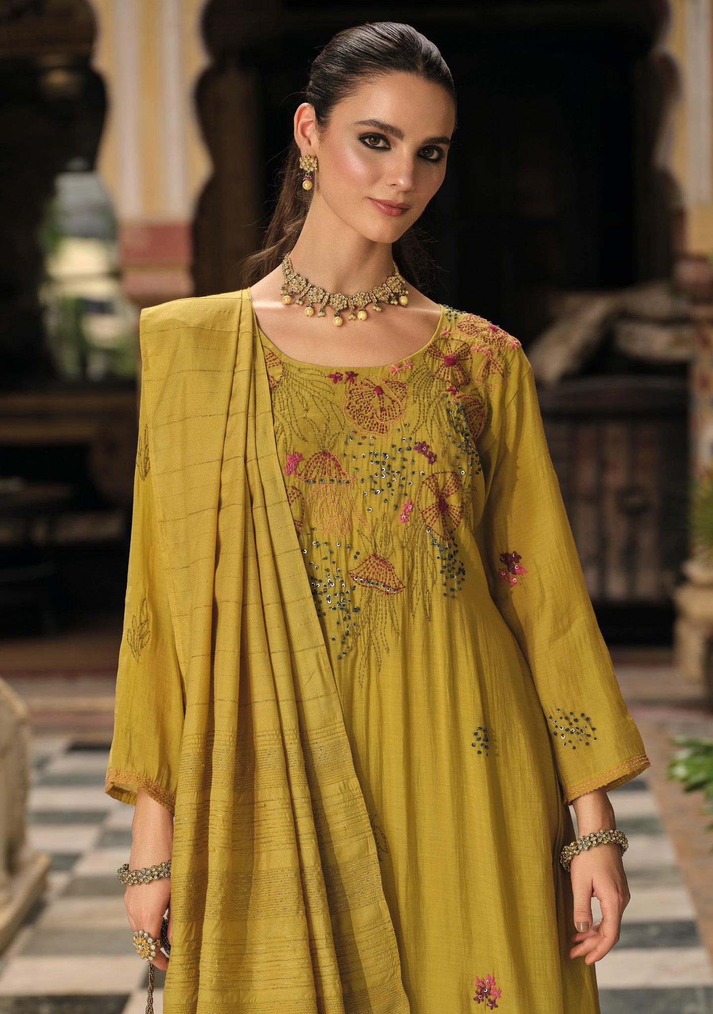 Women’s mul chanderi viscose kurta pant dupatta set with designer kantha work and handwork, muslin bottom, XL-3XL