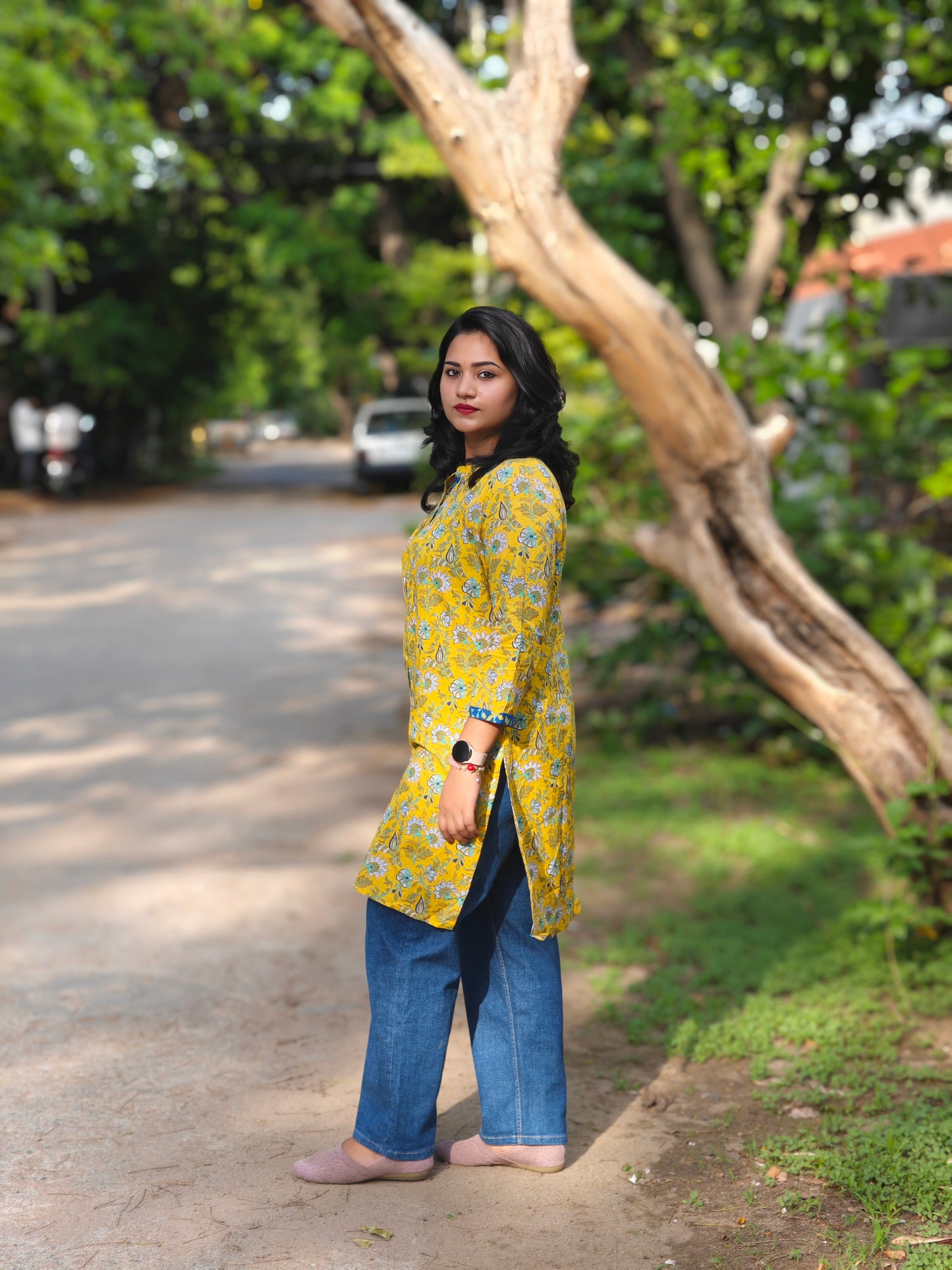 Yellow Cotton Floral Printed Empire Tunic for Women with Button Front – S to 3XL