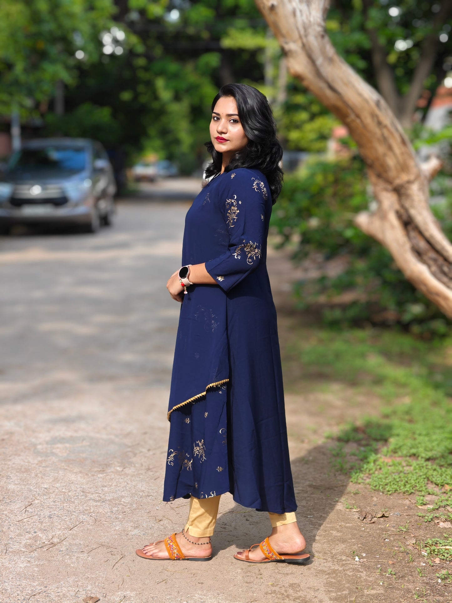 Navy Blue Poly Crepe Floral Printed Flared Kurta for Women with 3/4th Sleeves – S to 2XL