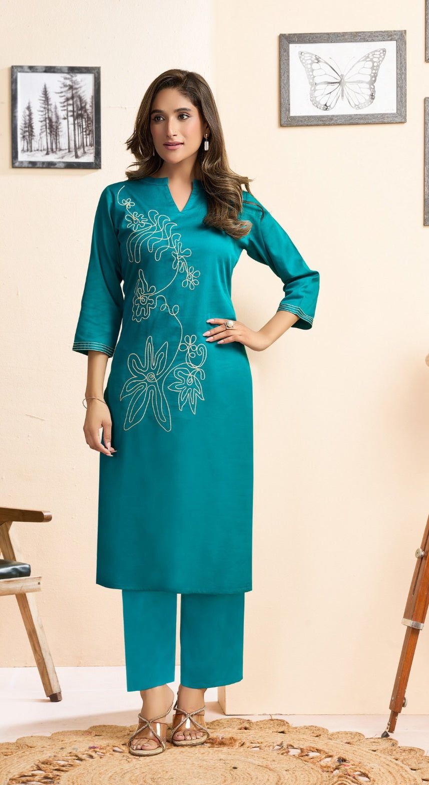 Satin lycra co-ord set for women with embroidered top and straight pants