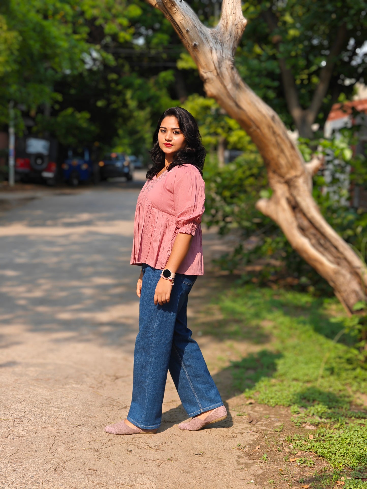 Pink Cotton Embroidered Fit and Flare Top for Women – Sizes S to 3XL