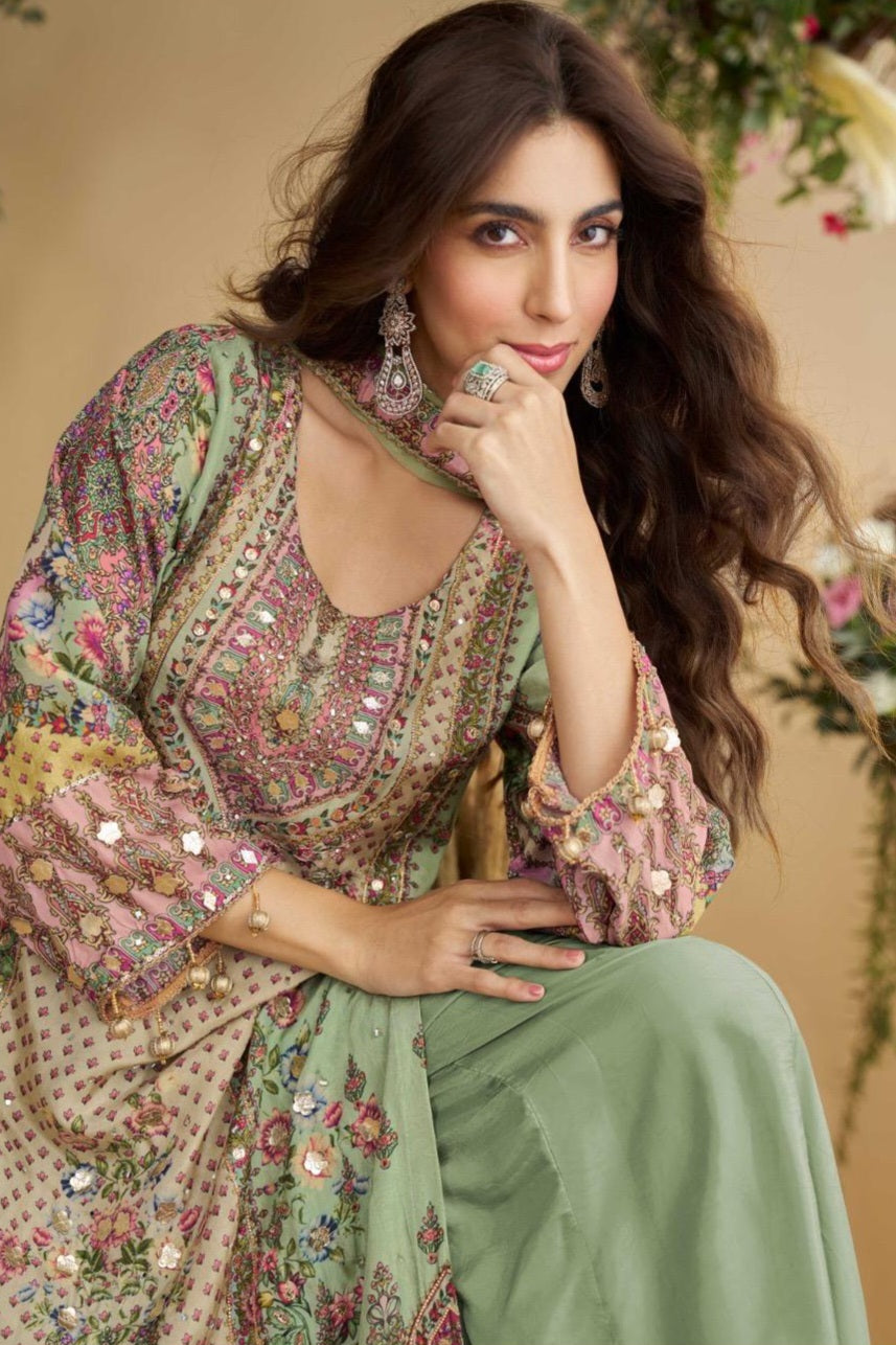 Natural Crepe Silk Kurti Plazzo Dupatta Set with Hand Aari and Gota Patti Work