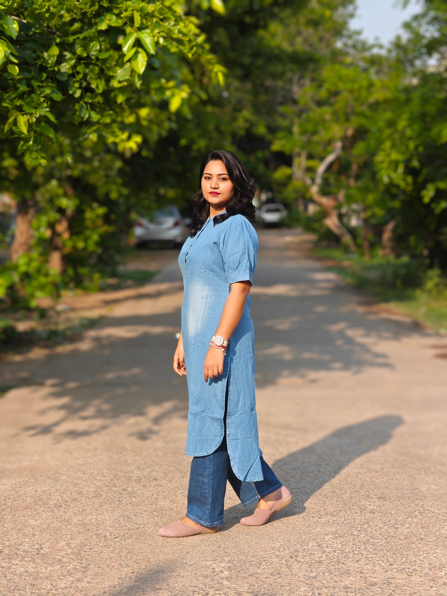 Light Blue Denim Solid High-Low Kurta for Women with Puff Sleeves – S to M