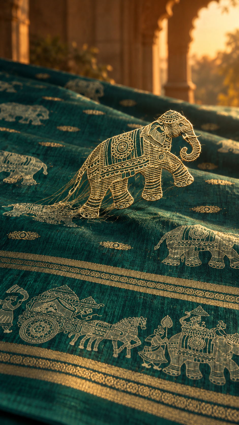 Wear History campaign illustration inspired by the deep green silk-blend saree: a golden thread elephant lifts from its motifs. Creative visual; see original product photographs for exact garment details.