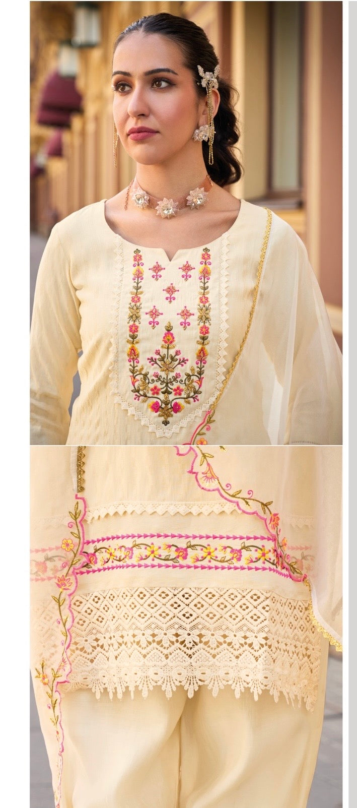 Women’s Self-Jacquard Silk 3-Piece Suit Set with Afghani Bottom and Organza Dupatta – XXL & 3XL