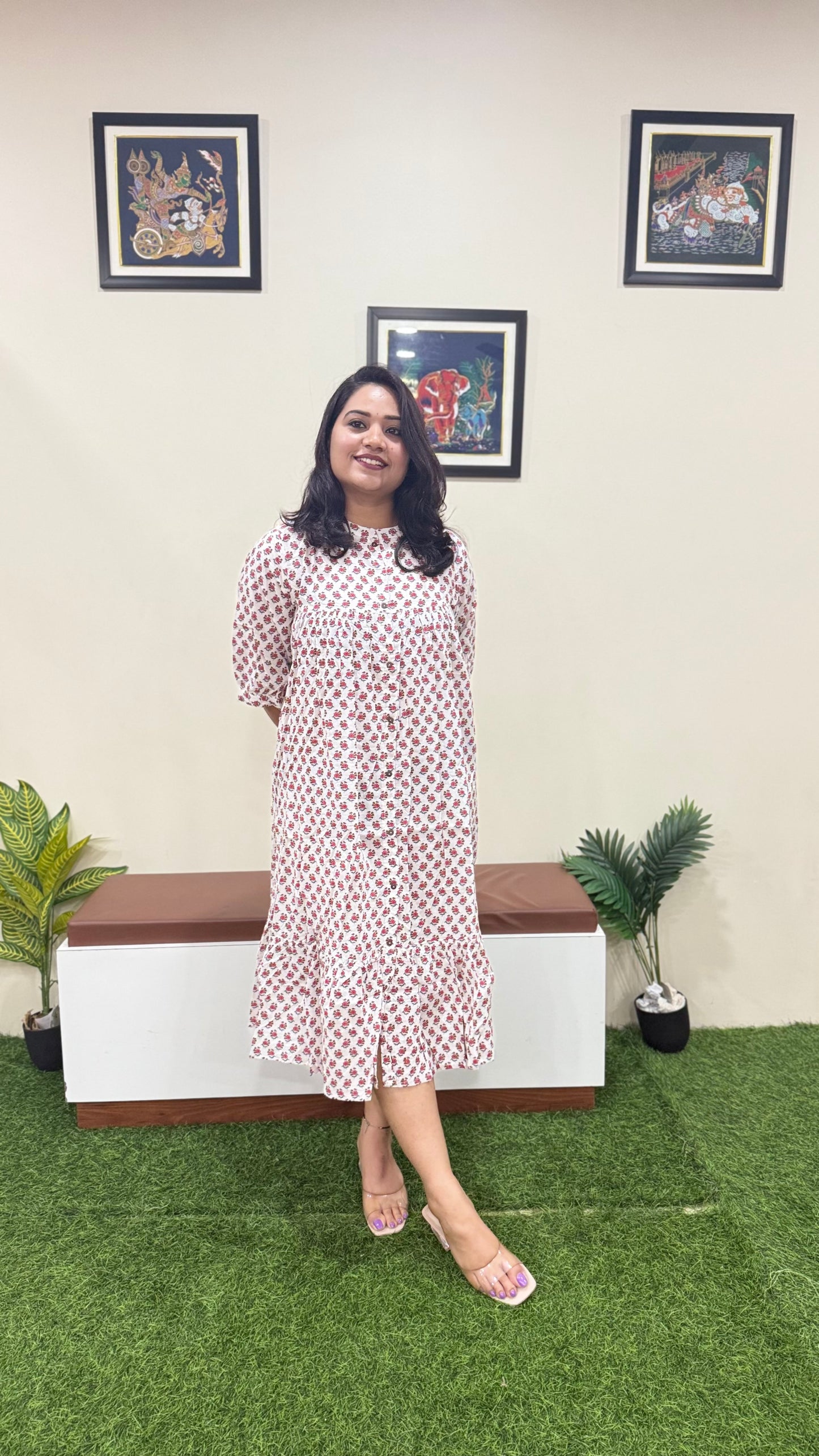 White Cotton Floral Printed Gathered Midi Dress – Women’s Casual Wear (L to 2XL)