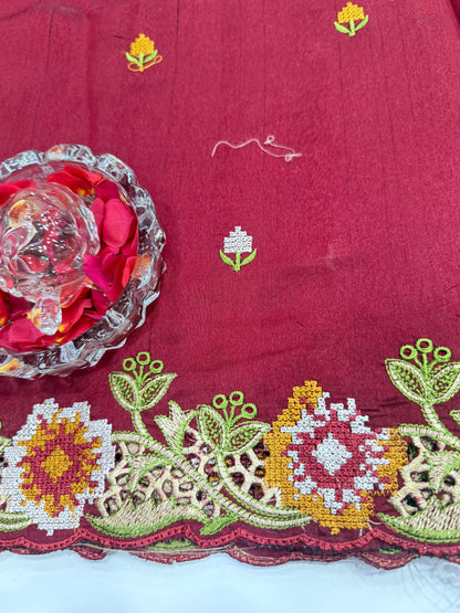 Matka Silk Saree with Embroidered Buttis, Cutwork Big Pallu, and All-Over Cutwork Panel