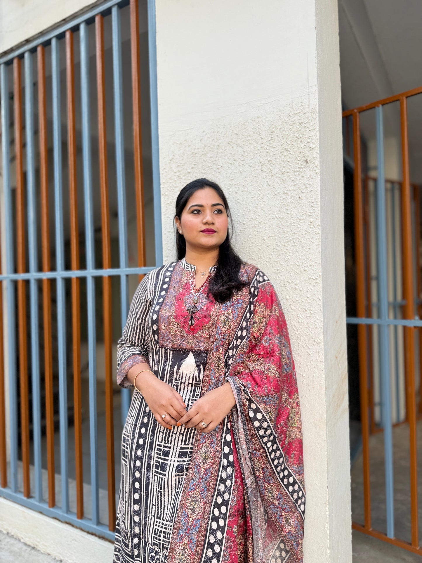 Viscose silk printed kurta pant dupatta set with ethnic motifs and mirror-style detailing for women