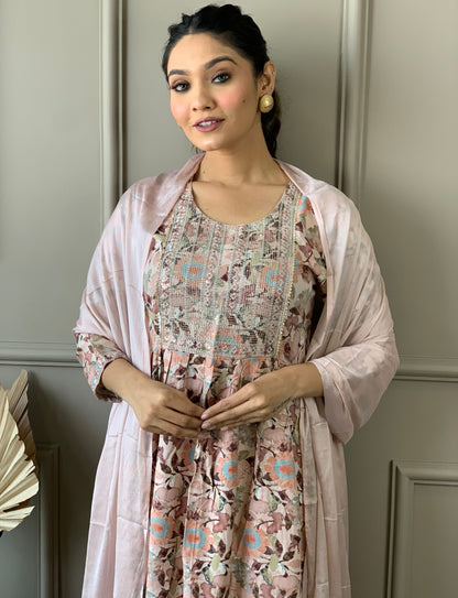 Pure Cotton Naira Cut Kurti Pant Set with Embroidery and Nazneen Dupatta for Women