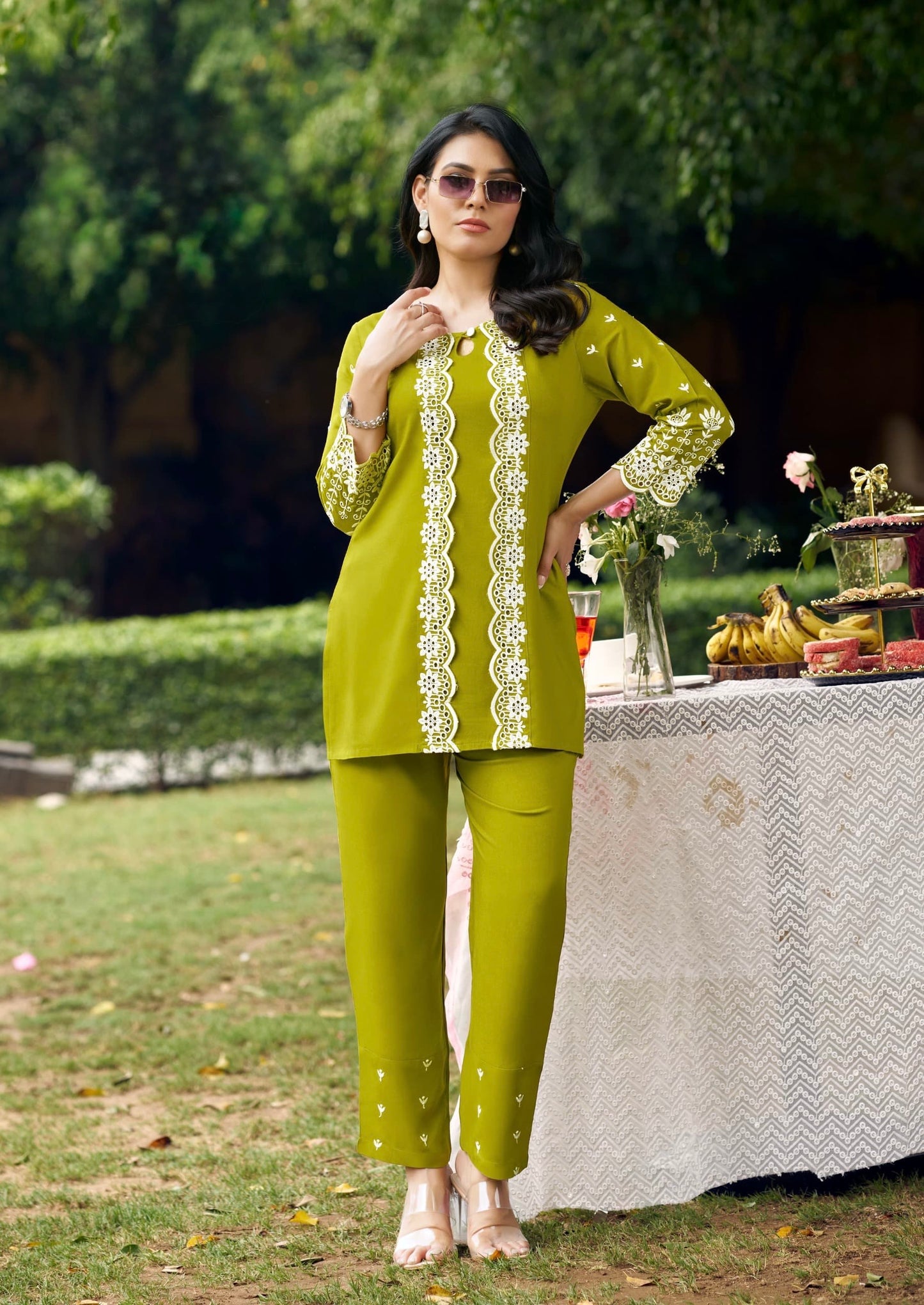 Viscose Rayon Coat Style Set with Schiffli Work and Lace Border – Ethnic Wear for Women (XL & XXL)