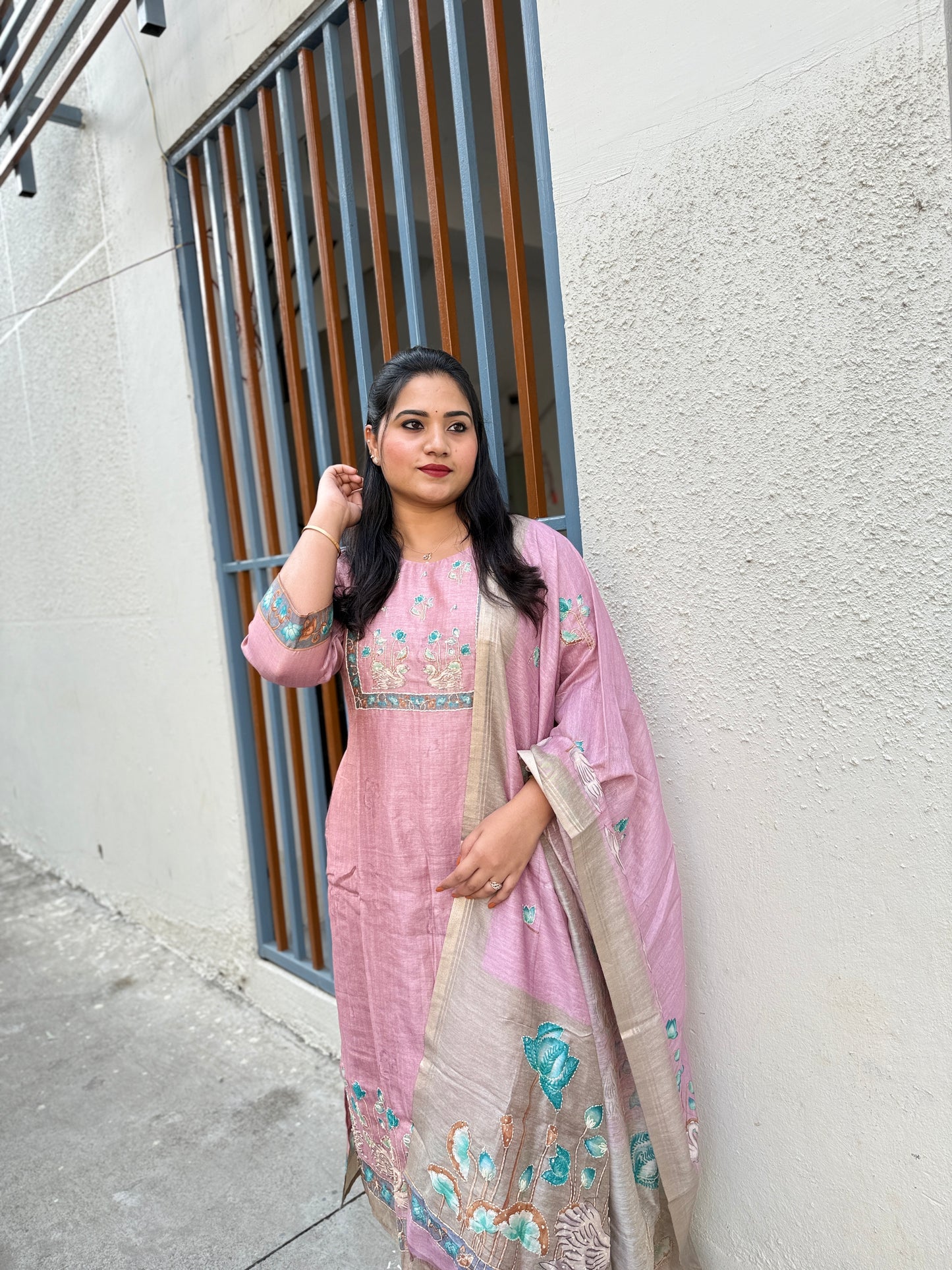 Chanderi embroidered suit set for women with cotton lining, matching bottom and dupatta