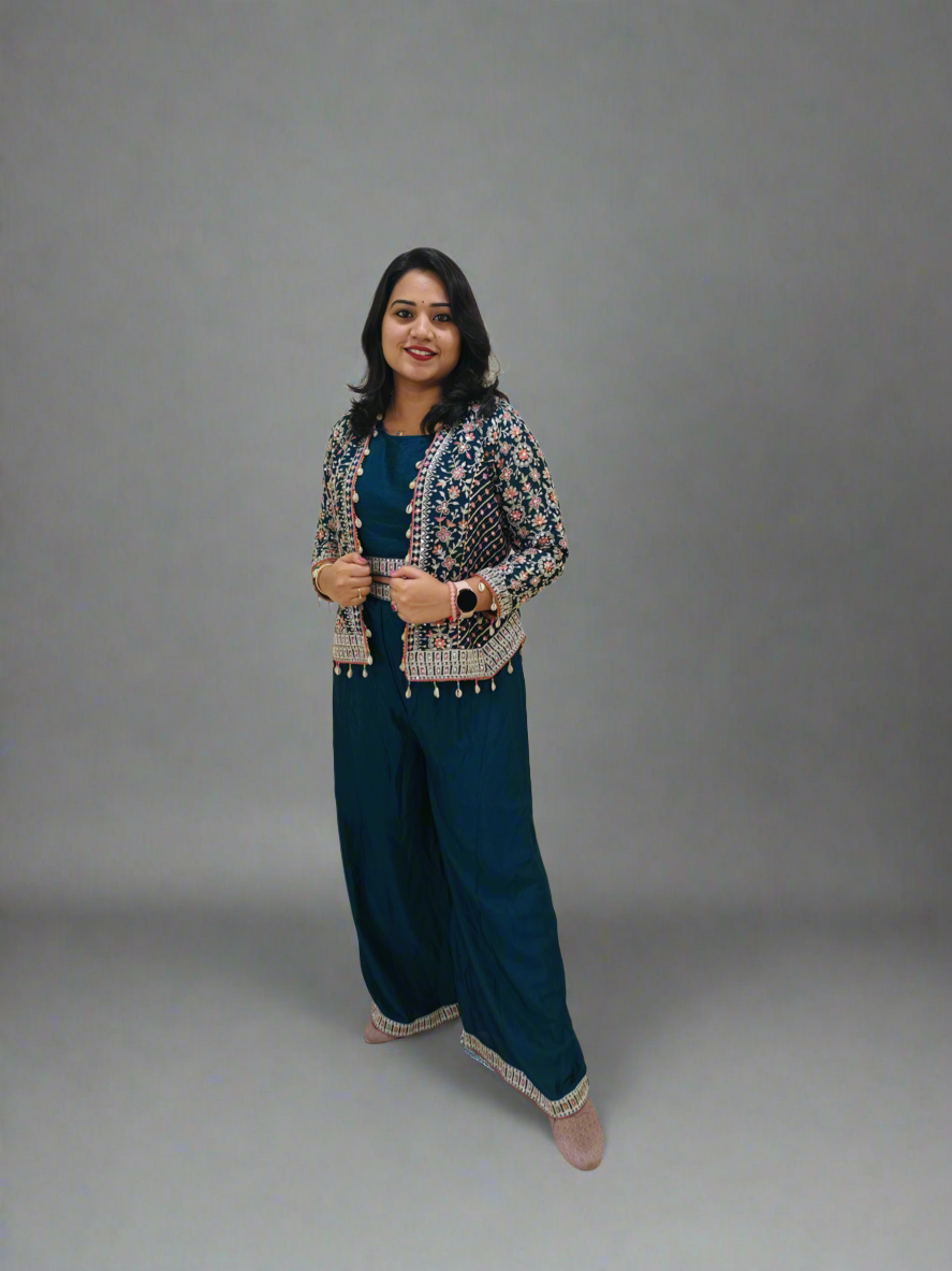 Real Chinon 3-Piece Ethnic Set with Front and Back Embroidery, Mirror Work, and Tassel Lace – Free Size Stitched