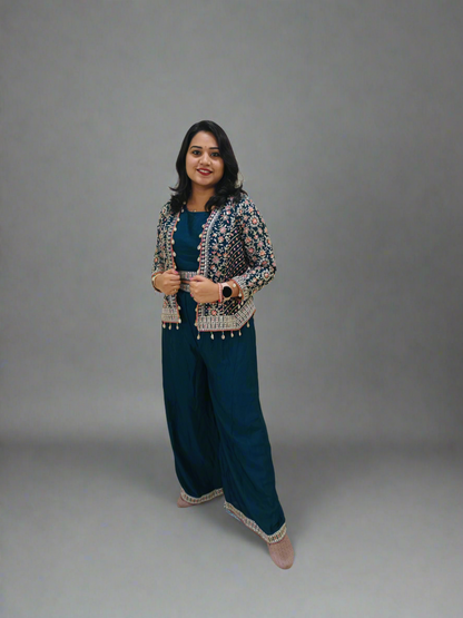 Real Chinon 3-Piece Ethnic Set with Front and Back Embroidery, Mirror Work, and Tassel Lace – Free Size Stitched