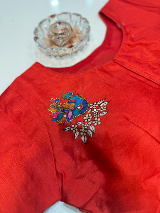 Silk printed readymade blouse for women with antique handcrafted work, size 38–42, short sleeve, saree blouse