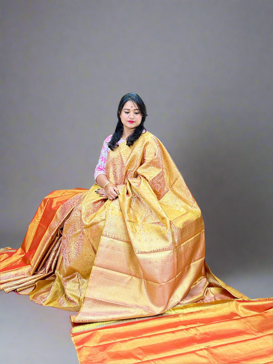 Pure Silk Borderless Saree in Mustard and Red with Rich Zari Weaving – Festive Handloom Silk