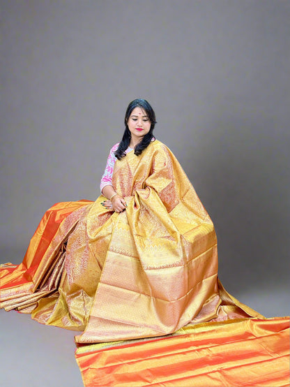 Pure Silk Borderless Saree in Mustard and Red with Rich Zari Weaving – Festive Handloom Silk