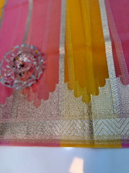 Banarasi handloom kora organza rankaat saree with allover zari stripe weaving and blouse piece