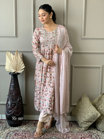 Pure Cotton Naira Cut Kurti Pant Set with Embroidery and Nazneen Dupatta for Women