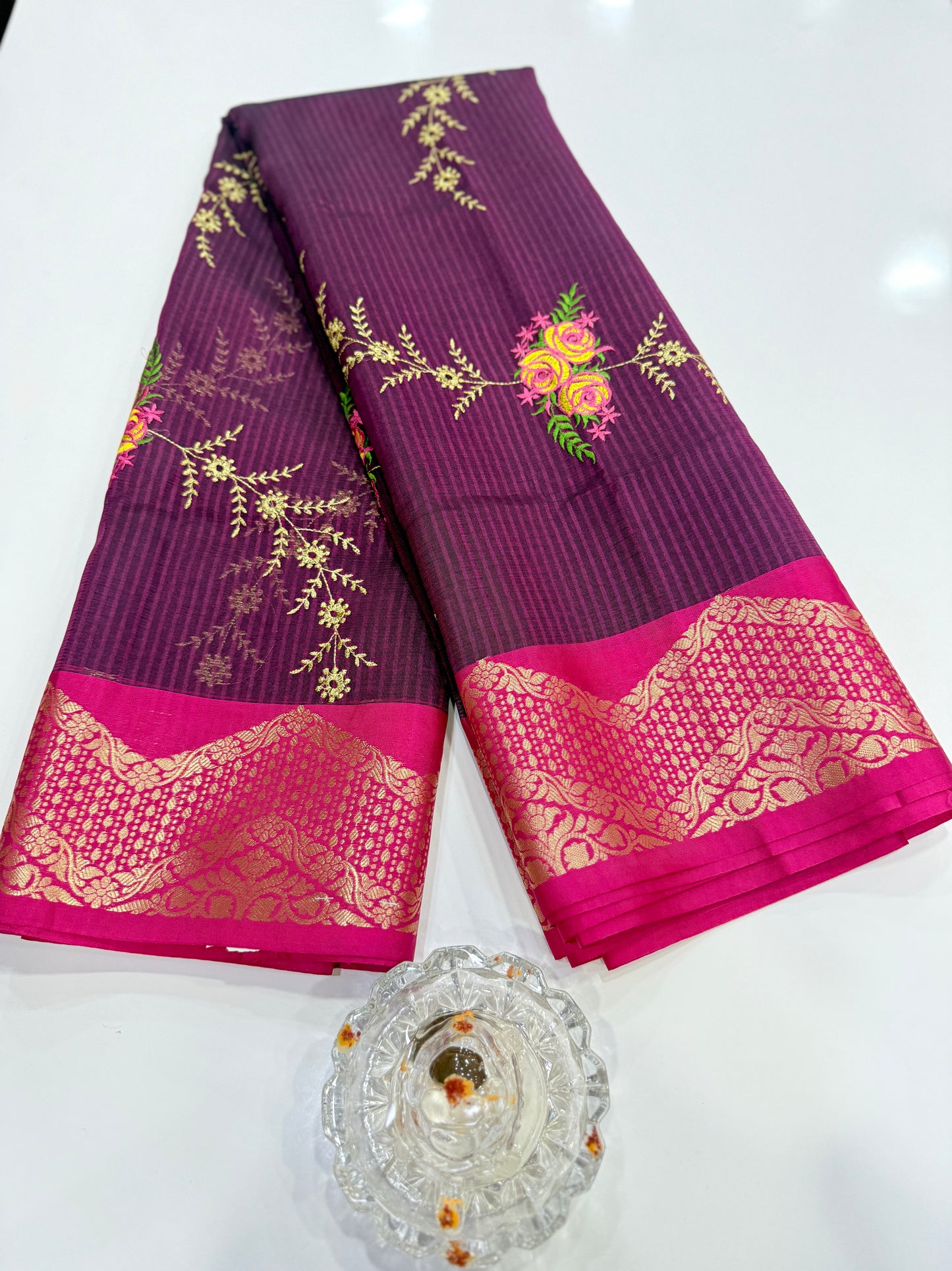 Banarasi kota silk saree with floral embroidery, contrast magenta zari border and matching blouse piece for women