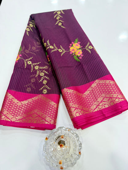 Banarasi kota silk saree with floral embroidery, contrast magenta zari border and matching blouse piece for women