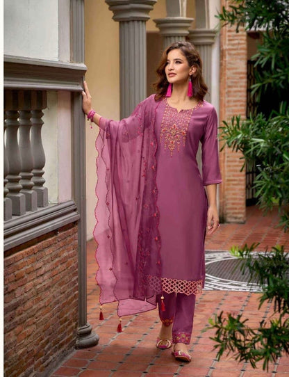 Milan Silk Handworked Kurta Pant Dupatta Set with Embroidered Organza Dupatta – Sizes M to XXL