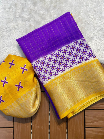 Digital Kalamkari Printed Dola Silk Saree with Gold Zari Jacquard Pattu Border – With Blouse Piece