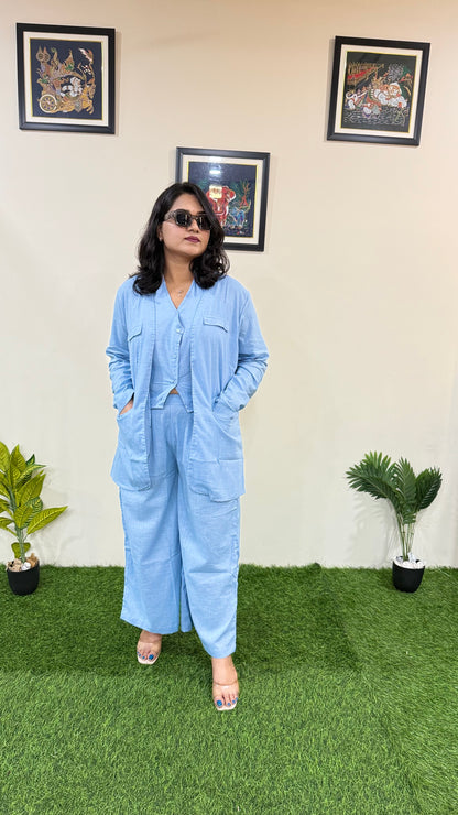 Pure Cotton Slub Bell-Bottom Pants with Halter Neck Waistcoat and Long Blazer – Women’s Three-Piece Set (Sizes 40 to 44)