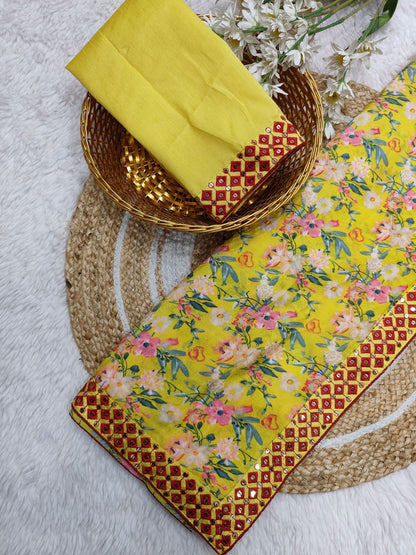 Soft Chinon Silk Saree with Digital Print, Mirror Work, and Designer Lace Border – With Blouse