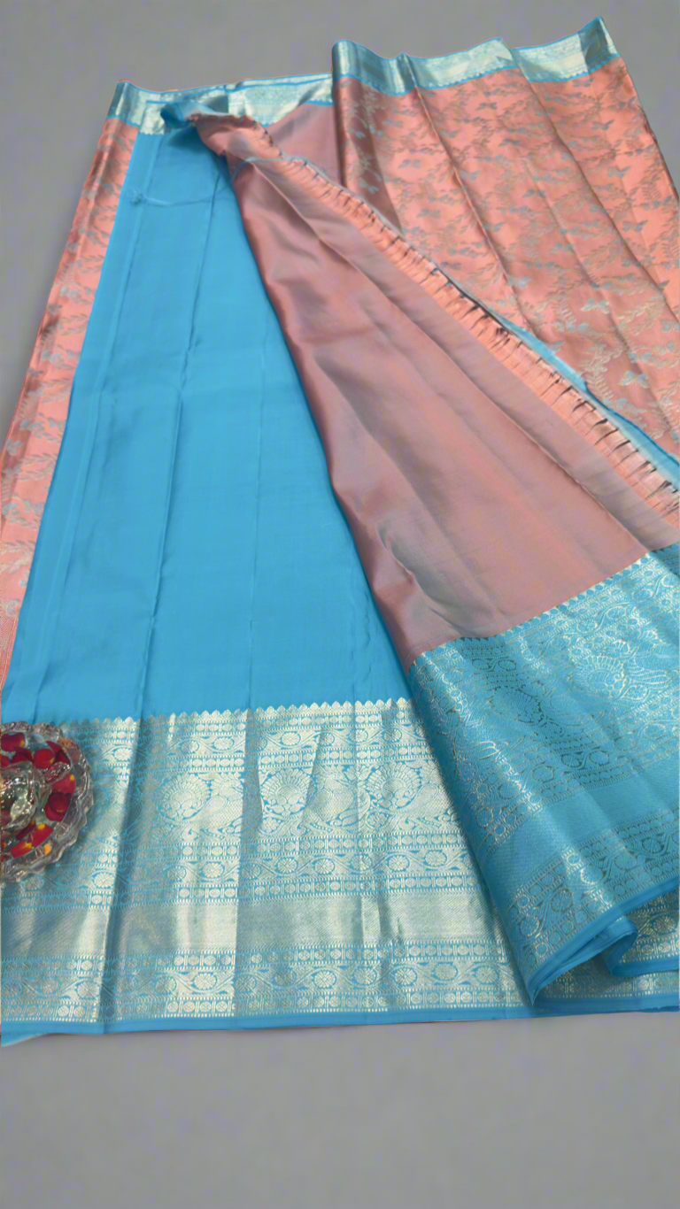 Handloom Kanchi Silk Saree with Silver Zari Double Warp in Peach Pink for Women