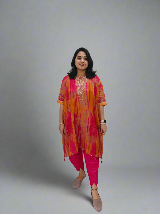 Habutai Silk Kaftan Kurti with Tulip Pant Set Featuring Mirror Embroidery and Tassels