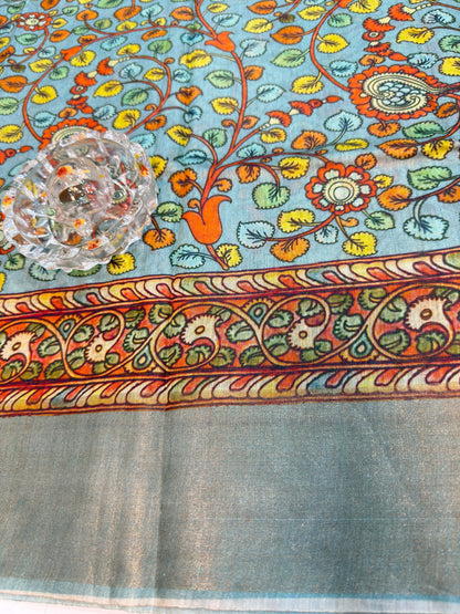 Pure Tussar Munga Silk Saree with Hand-Painted Kalamkari – Silkmark Certified