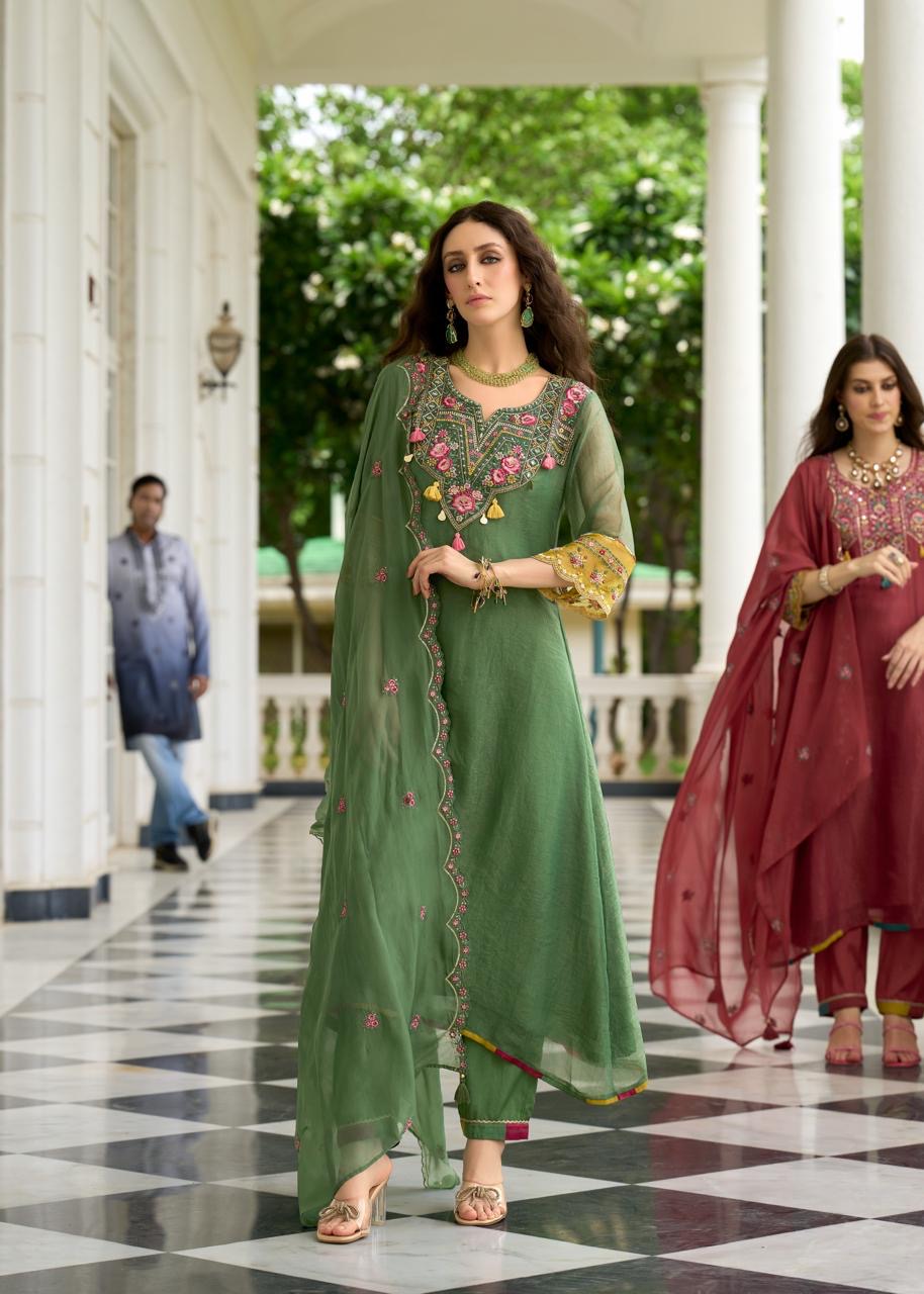 Organza Crush 3-Piece Suit Set with Embroidery, Handwork and Muslin Inner for Women