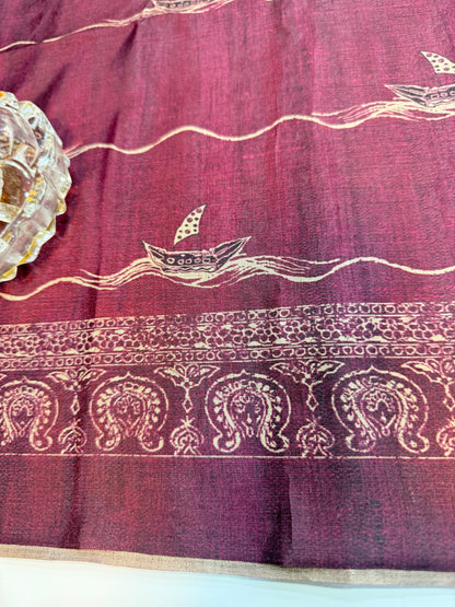 Semi Tussar Silk Saree with Ethnic Print Border and Tassel Pallu, Sea & Ships Print