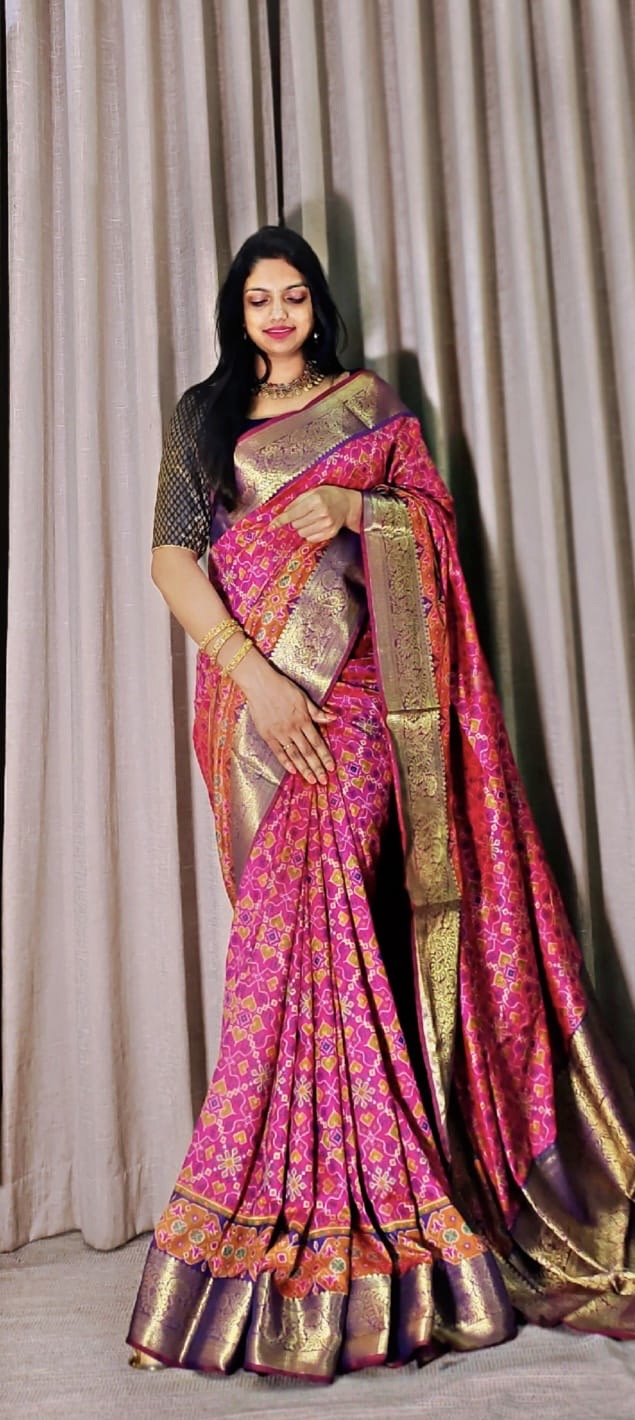 Spanish Ikkat Cotton Saree with Pochampalli Print and Nylon Zari Border for Women