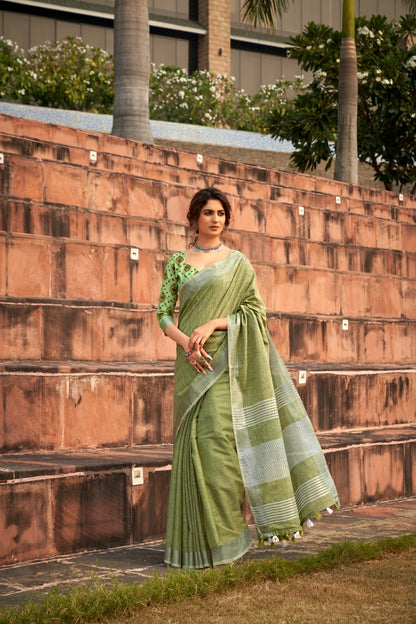 linen silk saree with striped design and border – lightweight ethnic wear for women