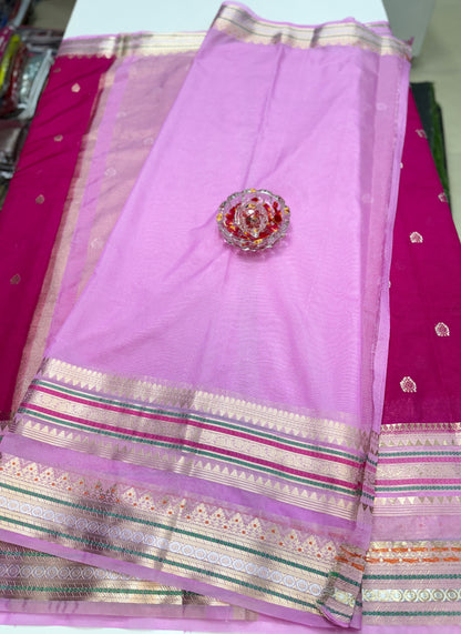 Banarasi Semi-Georgette Silk Saree with Gold Zari Weaving and Meenakari Border – Traditional Festive Saree for Women