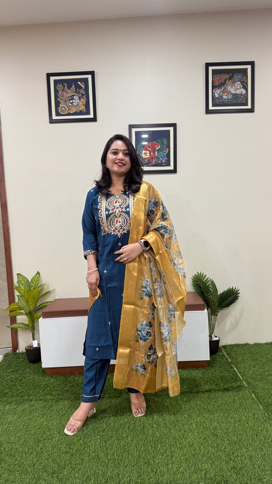 Vertican Silk Straight Cut Kurta Pant Dupatta Set with Organza Digital Print Dupatta – Sizes XL to 3XL