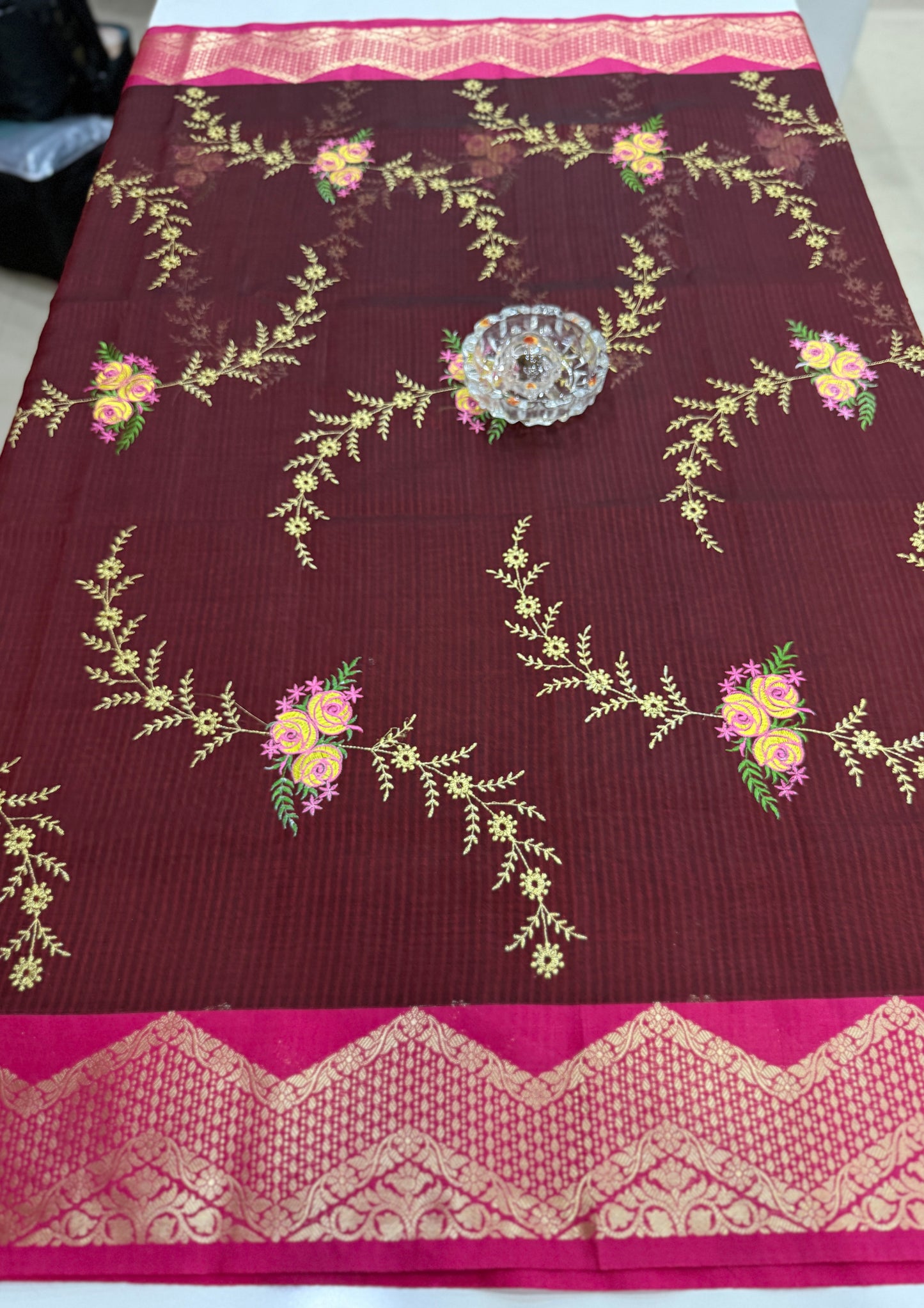 Banarasi kota silk saree with floral embroidery, contrast magenta zari border and matching blouse piece for women