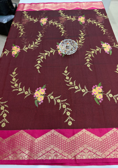 Banarasi kota silk saree with floral embroidery, contrast magenta zari border and matching blouse piece for women