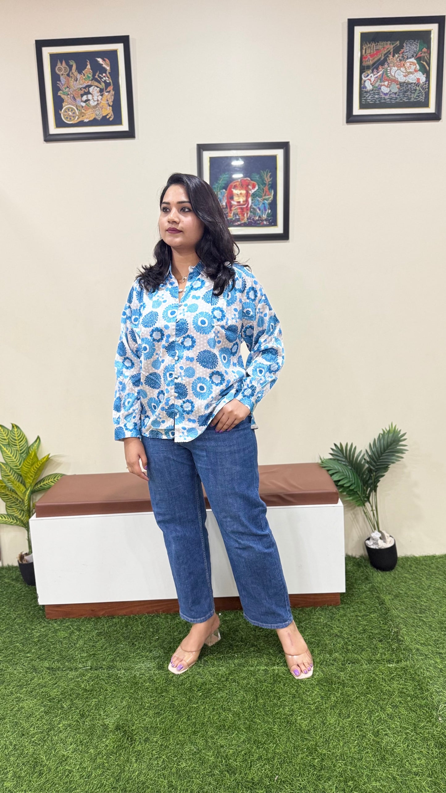 Satin Digital Floral Printed Shirt Style Top – Women’s Casual & Office Wear (L to 2XL)