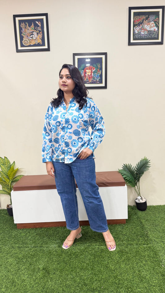 Satin Digital Floral Printed Shirt Style Top – Women’s Casual & Office Wear (L to 2XL)