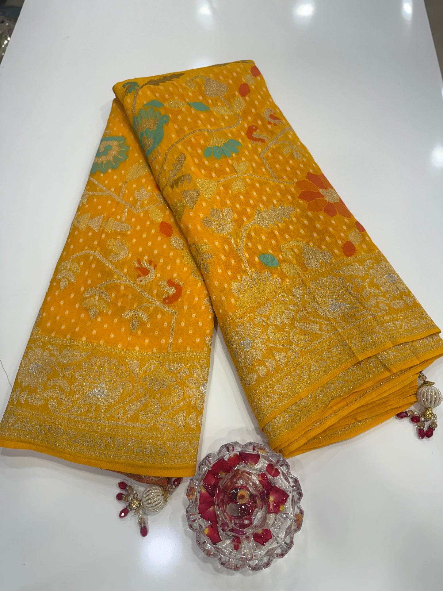 Pure Kaddi Georgette Zari Weaving Saree in Mustard Yellow with All-Over Jaal and Floral Buti Work – Festive & Wedding Wear Saree for Women